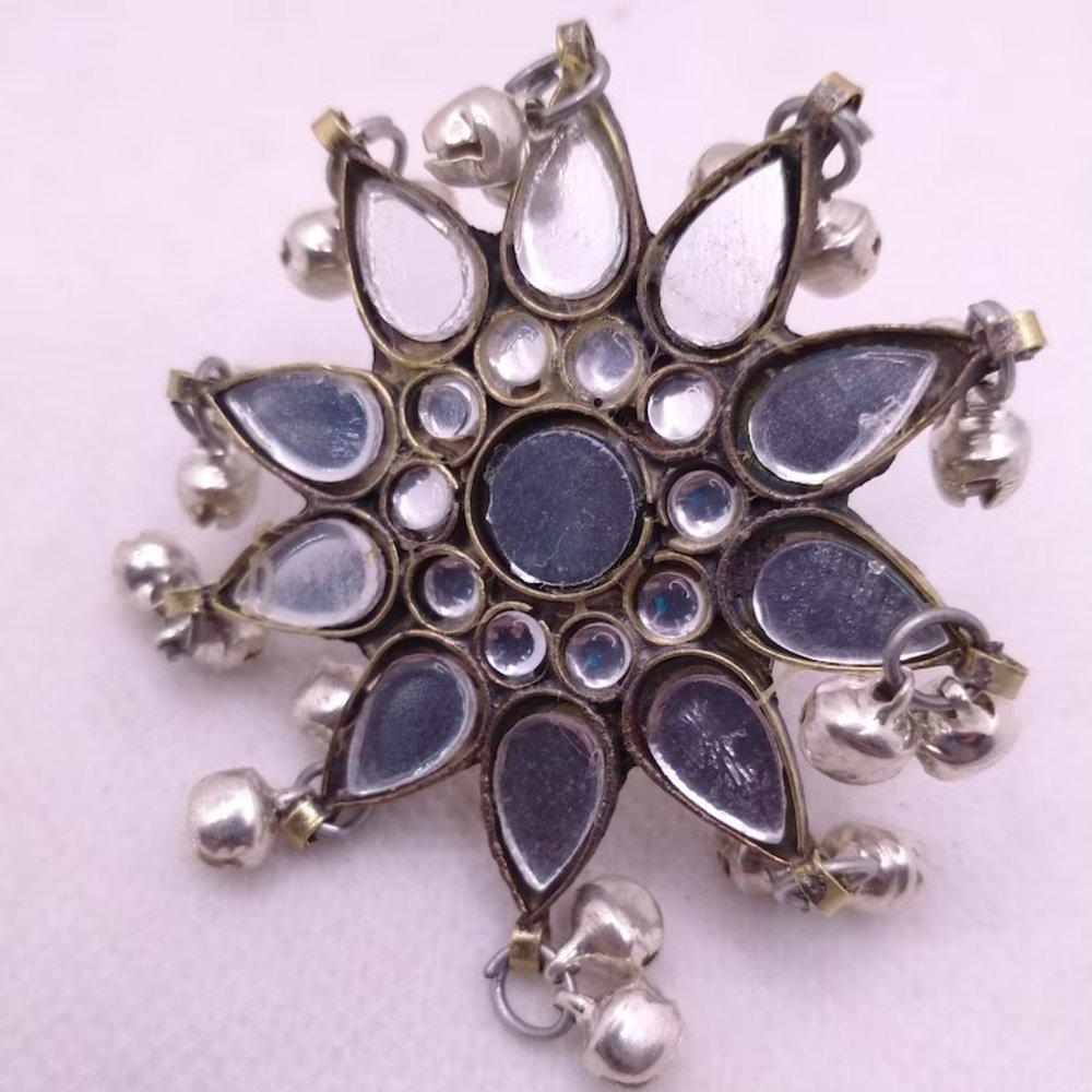 Glass Stone Ring With Dangling Silver Bells, Afghan Ethnic Ring, Massive Ring